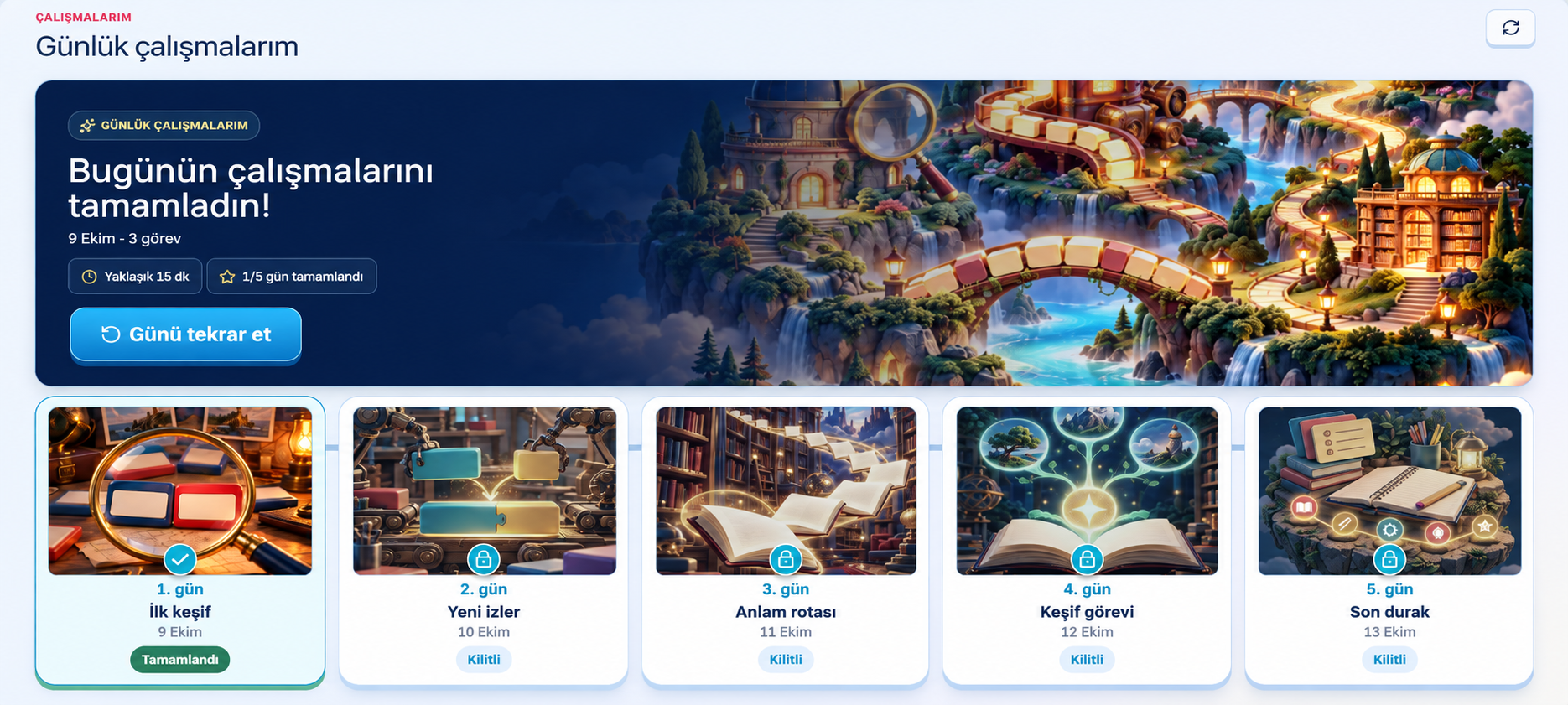 İlkokul dijital platform — Günlük çalışmalarım ekranı