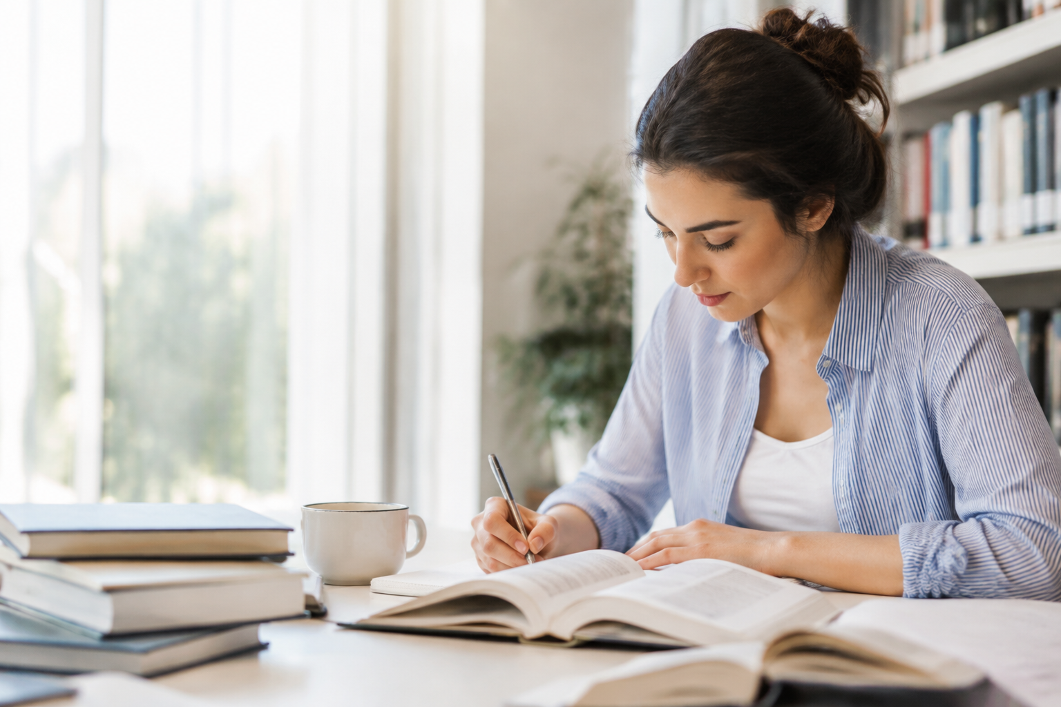 Kitap ve notlarla KPSS paragraf çalışması yapan yetişkin